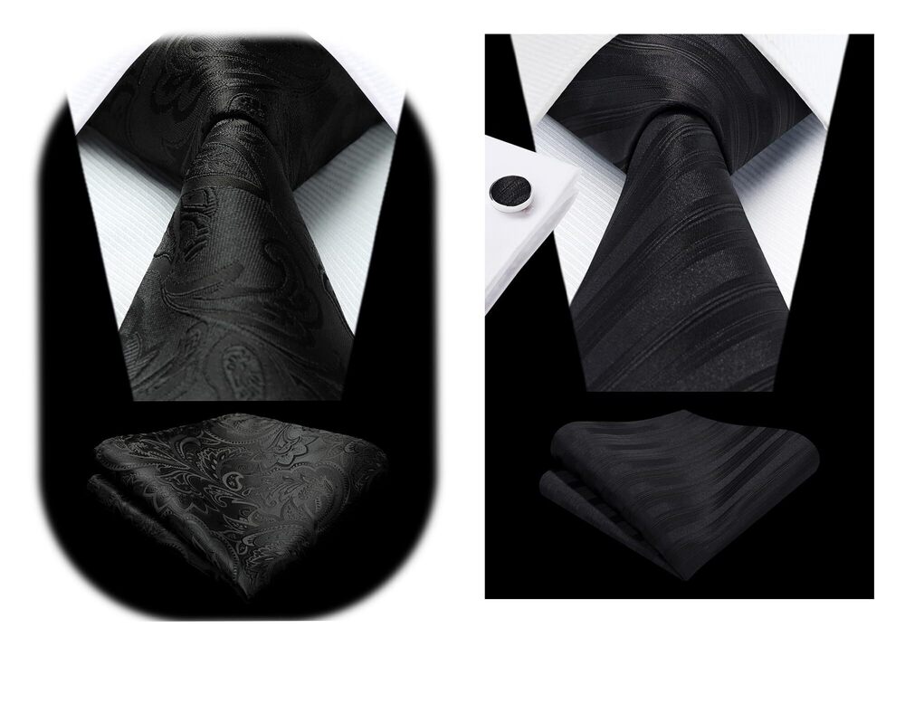 2220 Ties Black Tie Classic Woven Necktie Pocket Square and Cufflinks Set